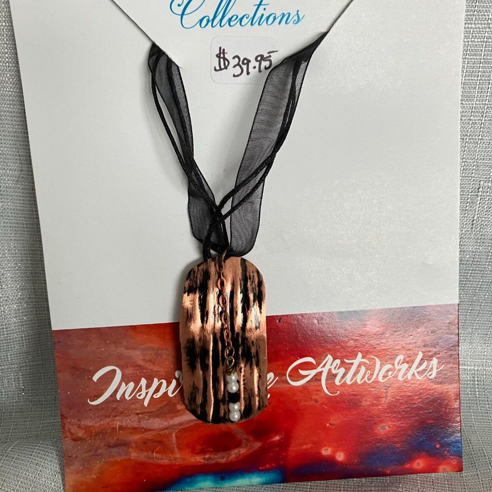 Oblong Hammered Copper Pendant on Black Ribbon 18 Inches